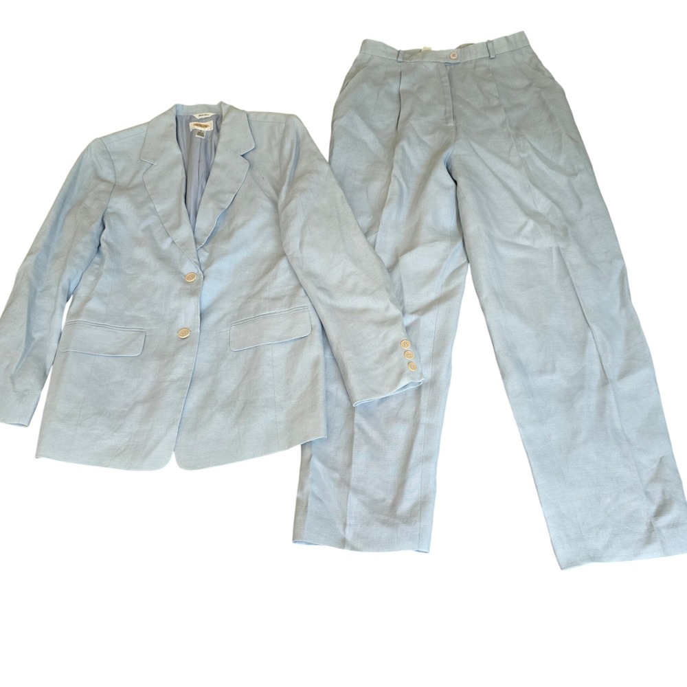 Talbots Pant Suit set Women 8P Blue Irish Linen Blazer Pleated jacket vintage